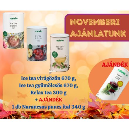 Ice tea virágözön 670 g, Ice tea gyümölcsös 670 g, Relax tea 300 g + 1 db Narancsos puncs ital 340 g