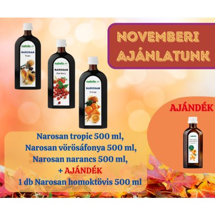 Narosan Tropic 500 ml, Narosan vörösáfonya 500 ml, Narosan narancs 500 ml, + 1 db Narosan homoktövis 500 ml