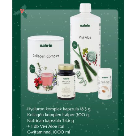 Hyaluron komplex kapszula (18,3 g), Kollagén komplex italpor (300 g), Nutricap kapszula (24,6 g) + 1 db Vivi Aloe ital C-vitaminnal (1000 ml)